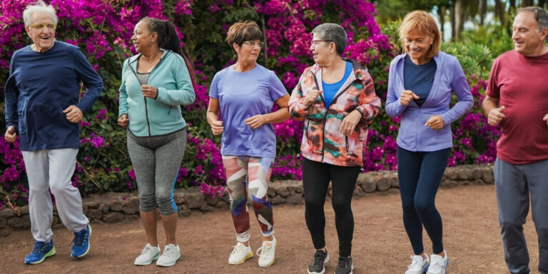 Diverse Group of Elderly Friends Jogging Together past Flowers at Independent Living Facility